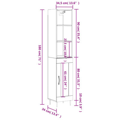 vidaXL Komoda, betono pilkos spalvos, 34,5x34x180cm, apdirbta mediena