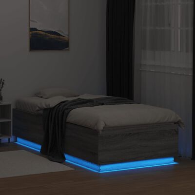 vidaXL Lovos rėmas su LED, pilkas ąžuolo, 90x200cm, apdirbta mediena