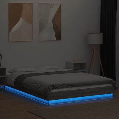 vidaXL Lovos rėmas su LED, pilkas ąžuolo, 140x200cm, apdirbta mediena