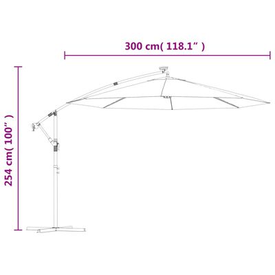 vidaXL Gembinis skėtis su LED ir plieniniu stulpu, juodas, 300cm