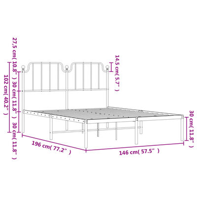 vidaXL Metalinis lovos rėmas su galvūgaliu, baltos spalvos, 140x190cm