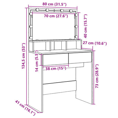 vidaXL Kosmetinis staliukas su LED, baltos spalvos, 80x41x134,5cm