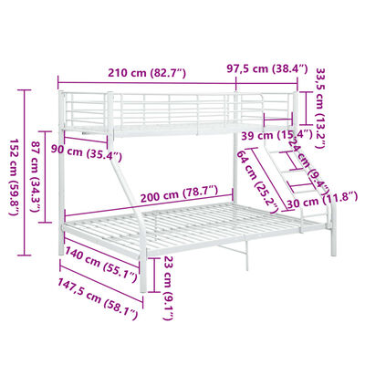 vidaXL Dviaukštės lovos rėmas, baltas, 140x200cm/90x200cm, metalas