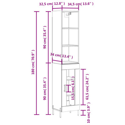 vidaXL Komoda, baltos spalvos, 34,5x34x180cm, apdirbta mediena, blizgi