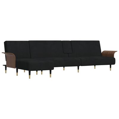 vidaXL L formos sofa-lova, juodos spalvos, 279x140x70cm, aksomas