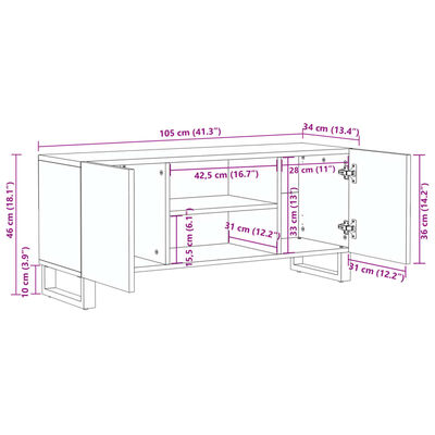 vidaXL TV spintelė, balta, 105x34x46cm, neapdorota mango mediena