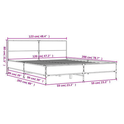 vidaXL Lovos rėmas, rudas ąžuolo, 120x200cm, apdirbta mediena/metalas