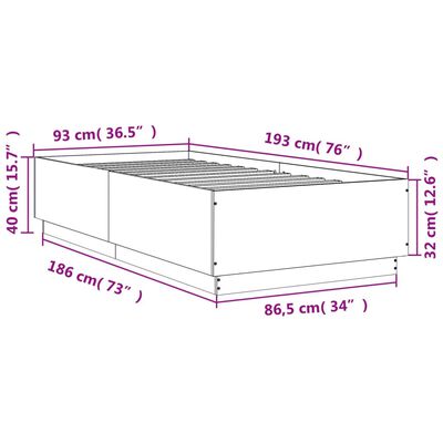 vidaXL Lovos rėmas su LED, ąžuolo, 90x190cm, apdirbta mediena