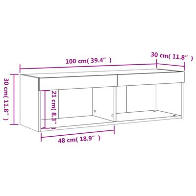 vidaXL TV spintelė su LED lemputėmis, dūminio ąžuolo, 100x30x30cm