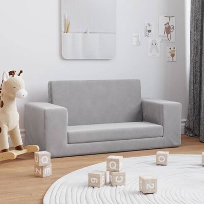 vidaXL Vaikiška dvivietė sofa-lova, šviesiai pilka, minkštas pliušas