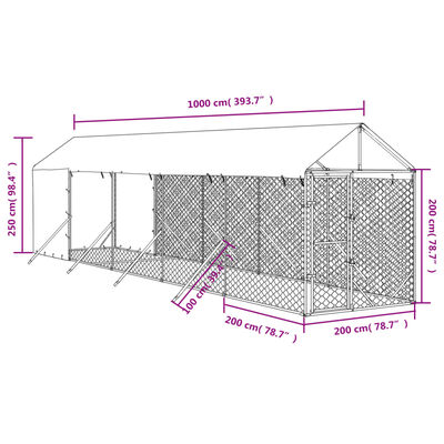 vidaXL Lauko voljeras šunims su stogu, sidabrinis, 2x10x2,5m, plienas