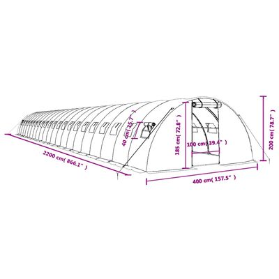 vidaXL Šiltnamis su plieno rėmu, žalios spalvos, 22x4x2m, 88m²