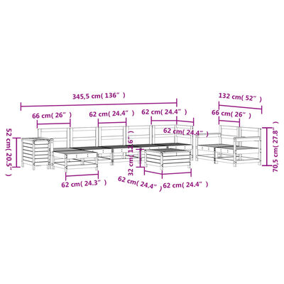 vidaXL Sodo sofos komplektas, 10 dalių, baltas, pušies masyvas