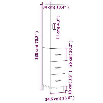 vidaXL Komoda, baltos spalvos, 34,5x34x180cm, apdirbta mediena, blizgi