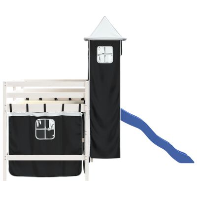 vidaXL Aukšta vaikiška lova su bokštu, balta/juoda, 90x200cm, pušis