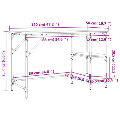 vidaXL Rašomasis stalas, rudas ąžuolo, 120x50x75cm, metalas ir mediena