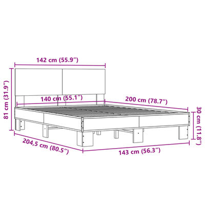 vidaXL Lovos rėmas, rudas ąžuolo, 140x200cm, apdirbta mediena/metalas