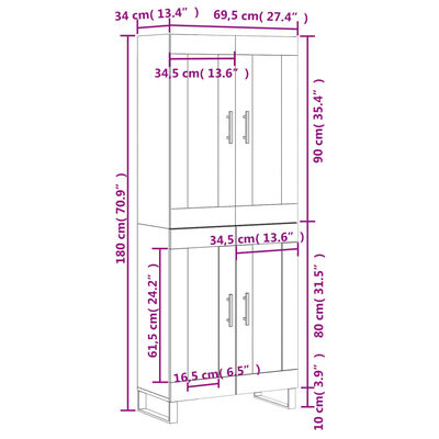 vidaXL Komoda, betono pilkos spalvos, 69,5x34x180cm, apdirbta mediena