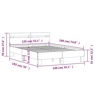 vidaXL Lovos rėmas su galvūgaliu ir LED, rudas ąžuolo, 135x190cm