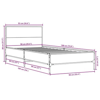 vidaXL Lovos rėmas, dūminio ąžuolo, 90x190cm, mediena ir metalas