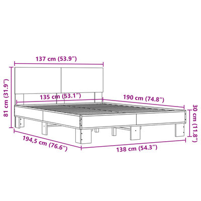 vidaXL Lovos rėmas, ąžuolo, 135x190cm, apdirbta mediena ir metalas