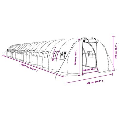 vidaXL Šiltnamis su plieno rėmu, baltos spalvos, 20x3x2m, 60m²