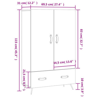 vidaXL Komoda, baltos spalvos, 69,5x31x115cm, apdirbta mediena