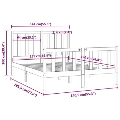 vidaXL Lovos rėmas, juodas, 135x190cm, medienos masyvas, dvivietis