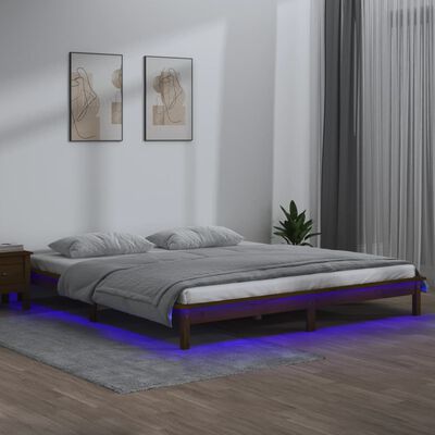 vidaXL Lovos rėmas su LED, medaus rudas, 135x190cm, mediena, dvivietis