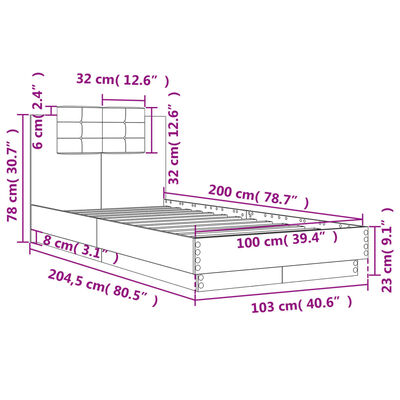 vidaXL Lovos rėmas su galvūgaliu ir LED lemputėmis, rudas, 100x200cm