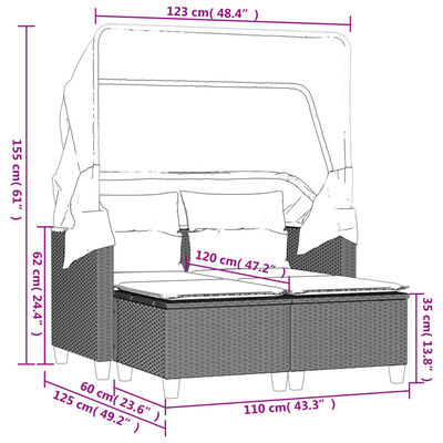 vidaXL Dvivietė sodo sofa su skliautu/taburetėmis, juoda, poliratanas