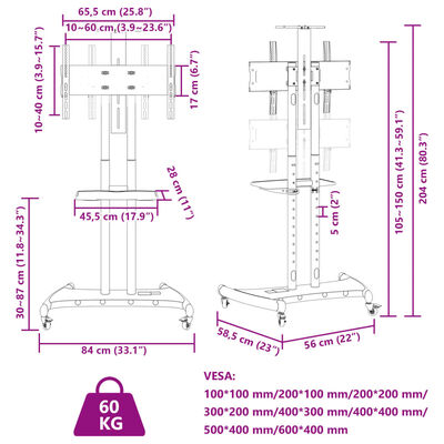 vidaXL TV stovas ant ratukų 32-70 colių ekranui, 600x400mm, 60kg