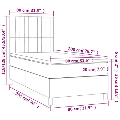 vidaXL Lova su spyruoklėmis/čiužiniu/LED, pilka, 80x200cm, aksomas