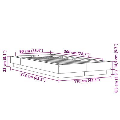 vidaXL Lovos rėmas su LED, rudas ąžuolo, 90x200cm, apdirbta mediena