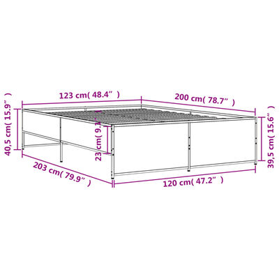 vidaXL Lovos rėmas, pilkas ąžuolo, 120x200cm, apdirbta mediena/metalas