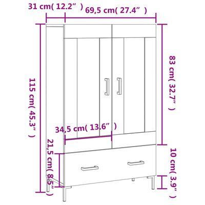 vidaXL Komoda, baltos spalvos, 69,5x31x115cm, apdirbta mediena, blizgi