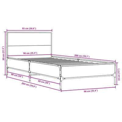 vidaXL Lovos rėmas, dūminio ąžuolo, 90x200cm, mediena ir metalas