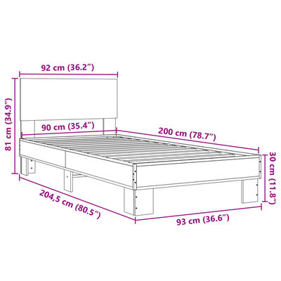 vidaXL Lovos rėmas, ąžuolo, 90x200cm, apdirbta mediena ir metalas