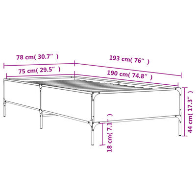 vidaXL Lovos rėmas, rudas ąžuolo, 75x190cm, apdirbta mediena/metalas