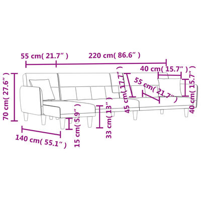 vidaXL L formos sofa-lova, juodos spalvos, 275x140x70cm, audinys