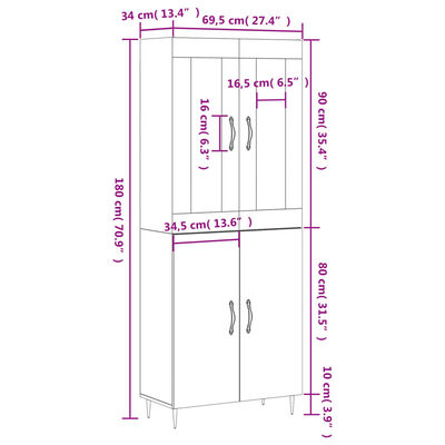 vidaXL Komoda, baltos spalvos, 69,5x34x180cm, apdirbta mediena, blizgi