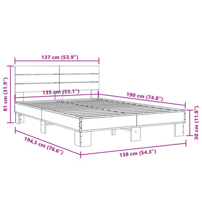 vidaXL Lovos rėmas, rudas ąžuolo, 135x190cm, apdirbta mediena/metalas