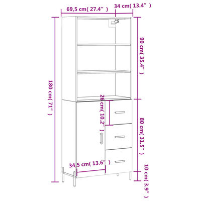 vidaXL Komoda, baltos spalvos, 69,5x34x180cm, apdirbta mediena