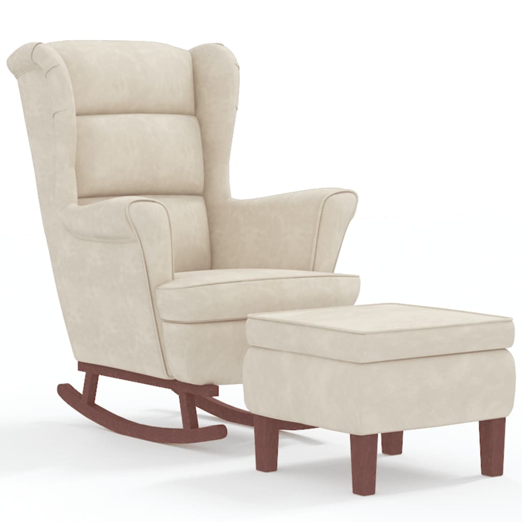 vidaXL Supama kėdė su medinėmis kojomis ir taburete, kreminė, aksomas