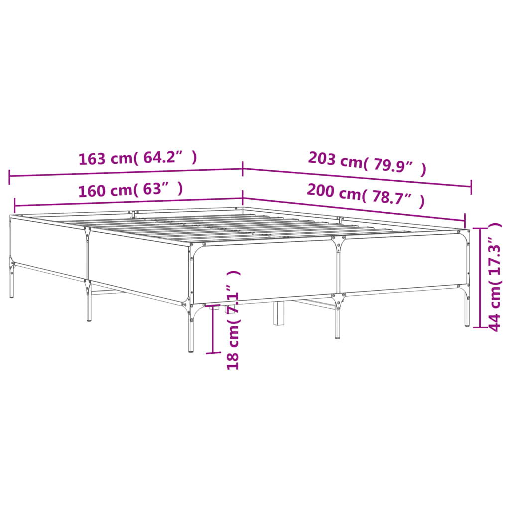 vidaXL Lovos rėmas, pilkas ąžuolo, 160x200cm, apdirbta mediena/metalas