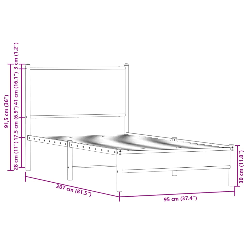 vidaXL Lovos rėmas su galvūgaliu, rudas ąžuolo, 90x200cm, metalas