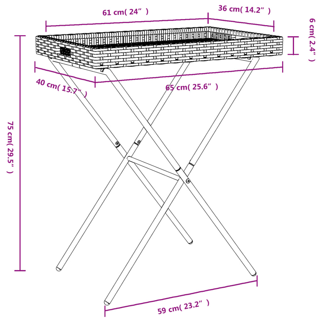 vidaXL Sulankstomas padėklas-stalas, pilkas, 65x40x75cm, poliratanas
