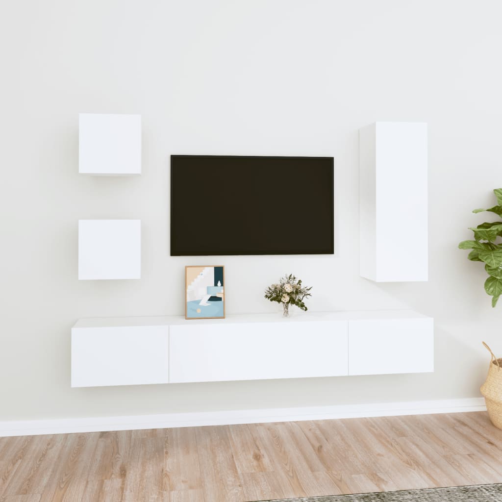 vidaXL Televizoriaus spintelių komplektas, 5 dalių, baltas, mediena