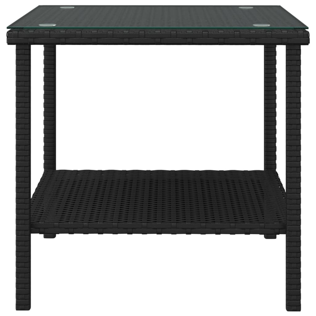 vidaXL Šoninis staliukas, juodas, 45x45x45cm, poliratanas ir stiklas