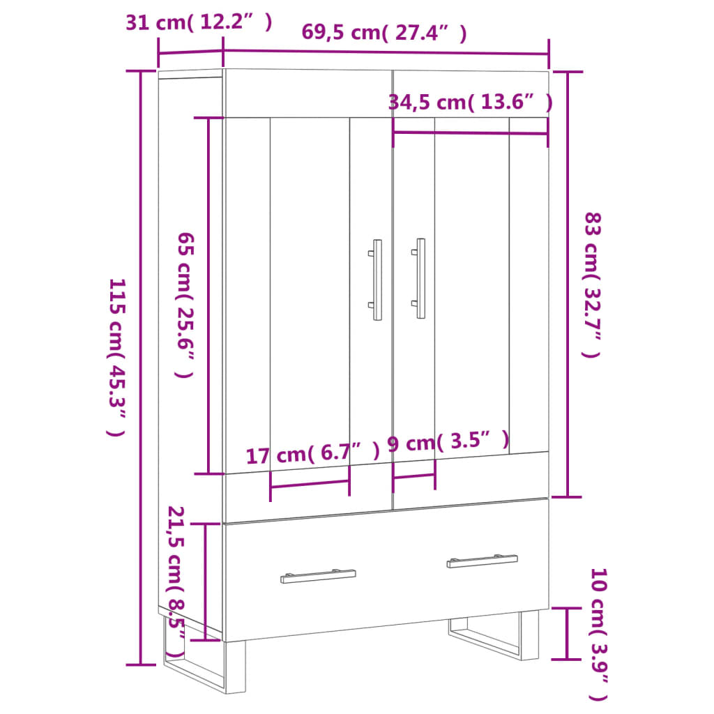 vidaXL Komoda, betono pilkos spalvos, 69,5x31x115cm, apdirbta mediena